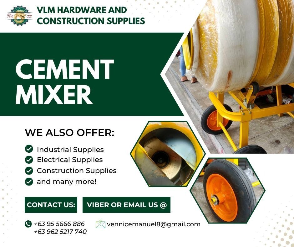 Manual/Auto Unload cement mixer (Category: Construction Tools & Equipment) located in Manila. Submitted by vlmhardwarevennice (Listing ID 1184803122, Image 1). Description: VLM Hardware and Construction Supplies Message and get a quote now! 📍 Office Location Manila Imus Cavite .