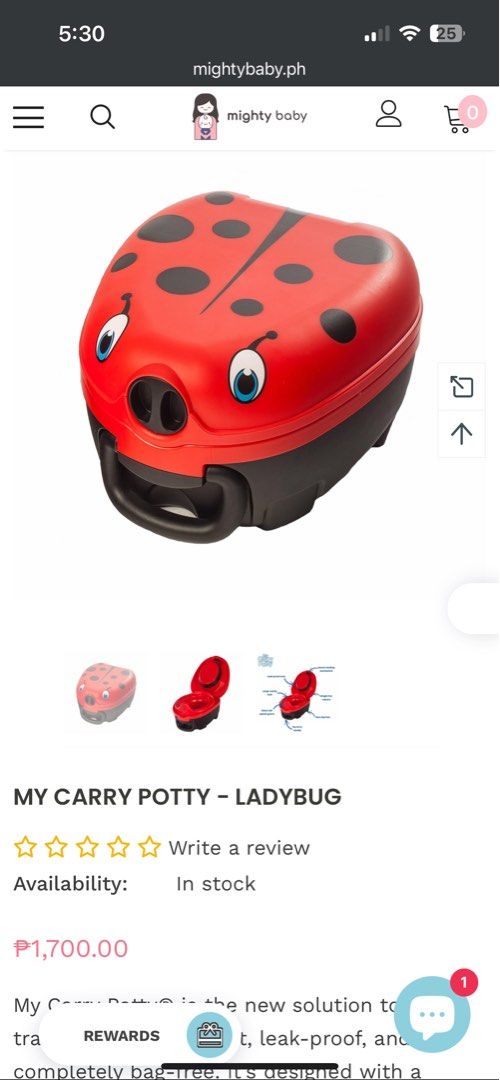 My carry potty - ladybug (Category: Other Babies Going Out Needs) located in Caloocan City. Submitted by dressprettyph (Listing ID 1406292454, Image 3). Description: My Carry Potty® is the new solution to potty training. It’s lightweight, leak-proof, and completely bag-free. It’s designed with a unique lid that provides a completely watertight seal. It is made from high-quality durable plastic that’s easy on the eye and easy to clean. Best of all