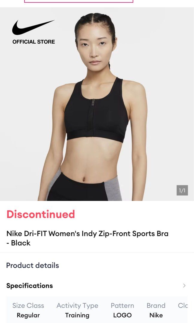 Nike indy zip front bra (Category: Activewear) located in Makati City. Submitted by ishspace (Listing ID 1406382415, Image 3). Description: Bought in nike lazmall at ₱800 Size in tag Medium (best fit Small only 32A) With original tags Rfs: too small (Im a usual size M in bra) .