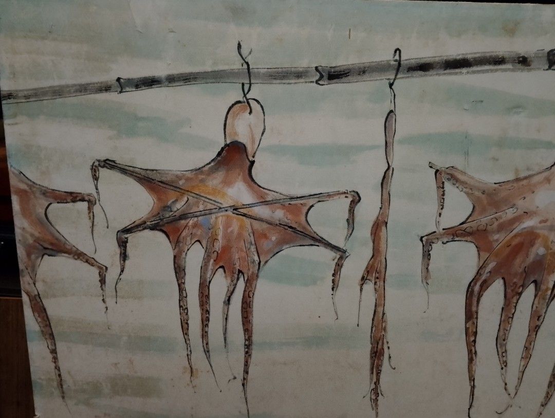 Vintage Large Color Print "Drying Fish Nets" by Takeuchi Seihō (Category: Wall Decor) located in Binangonan. Submitted by stufflikedat (Listing ID 1406351129, Image 3). Description: Vintage large color print titled "Drying Fish Nets" by artist Japanese Takeuchi Seihō (1864-1942) the print depicts several octopuses & fish nets hanging to dry near fishing boats on the water in very good condition with few scratches and stains due to age and storage