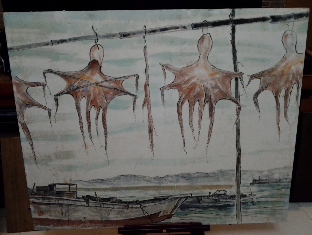 Vintage Large Color Print "Drying Fish Nets" by Takeuchi Seihō (Category: Wall Decor) located in Binangonan. Submitted by stufflikedat (Listing ID 1406351129, Image 1). Description: Vintage large color print titled "Drying Fish Nets" by artist Japanese Takeuchi Seihō (1864-1942) the print depicts several octopuses & fish nets hanging to dry near fishing boats on the water in very good condition with few scratches and stains due to age and storage
