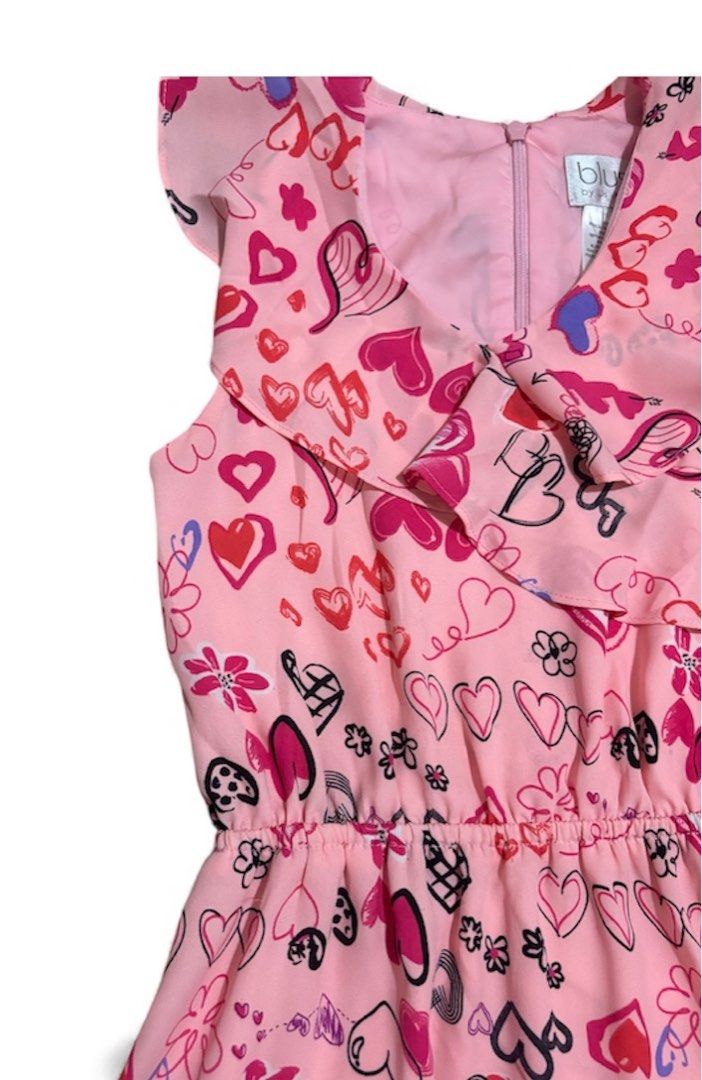 Pink Heart Print Dress (Category: Babies & Kids Fashion) located in Subic. Submitted by kylys.corner (Listing ID 1406395241, Image 2). Description: - Pink dress with all-over heart print - Ruffled neckline - Gathered waist - Lightweight, flowy fabric - Back zipper closure - Fully lined “Item is like new. It has small defects as shown in the photo, but they are not visible once worn.”.