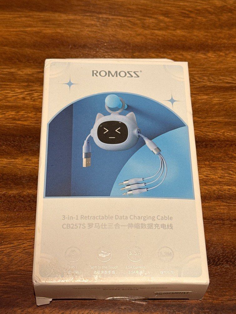 Romoss 3 in 1 Data Charging Cable (Category: Chargers & Cables) located in Quezon City. Submitted by anjlco2017 (Listing ID 1406410706, Image 1). Description: Brand New Authentic With Box .