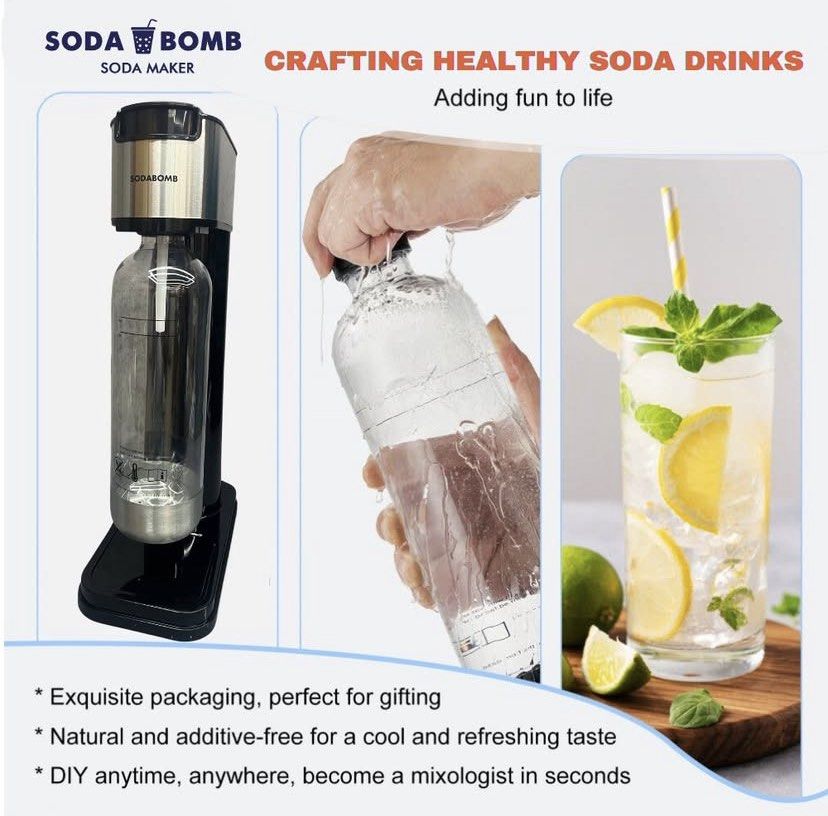 Soda Bomb Soda Maker (Category: Beverages) located in Quezon City. Submitted by polety (Listing ID 1406405846, Image 3). Description: - Brand new Soda Bomb soda maker boxes - Each box contains a soda maker - Boxes are blue and white - Boxes are unopened.