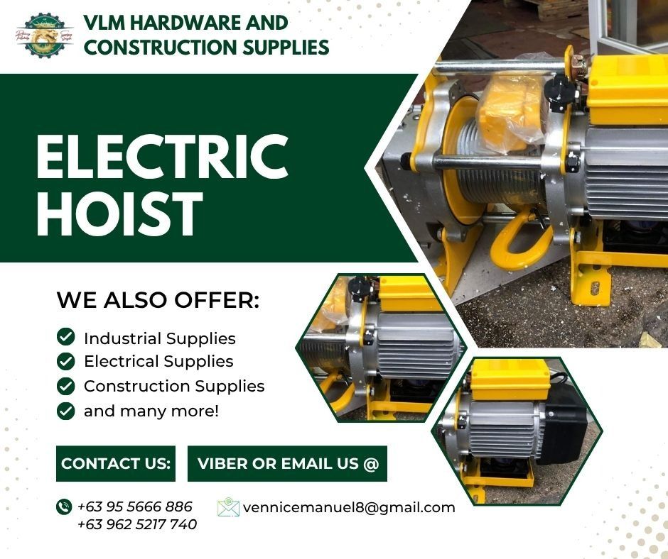 1.5tons heavyduty Electric hoist (Category: Construction Tools & Equipment) located in Manila. Submitted by vlmhardwarevennice (Listing ID 1299838456, Image 1). Description: VLM Hardware and Construction Supplies Message and get a quote now! 📍 Office Location Manila Imus Cavite .
