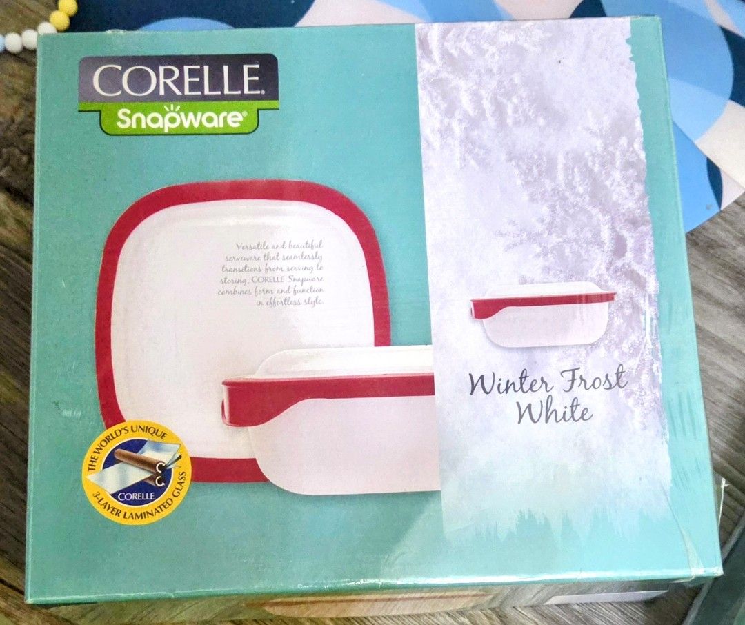 Authentic Corelle Snapware Winter Frost White 2-Piece Set (Category: Dinnerware & Cutlery) located in Manila. Submitted by sterling_grace (Listing ID 1406487048, Image 1). Description: Corelle Snapware Winter Frost White 2-piece set. Includes a 1.4L square serve and store container with a red-rimmed lid. The container is made of 3-layer laminated glass. The set is designed for versatile and beautiful transitions from serving to storing. The conta