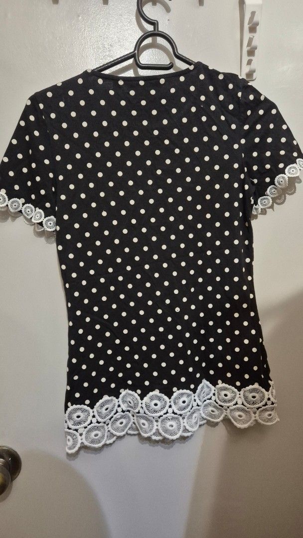 Dorothy Perkins black & white Polka Dot Top (Category: Blouses) located in Manila. Submitted by gcuraming (Listing ID 1406494205, Image 2). Description: - Dorothy Perkins polka dot top - Made of cotton - Features a round neckline - Short sleeves with lace detailing - Fits up to 34-inch bust - Size: US 4, EURO 36, UK 8 shipping from sampaloc manila or makati.