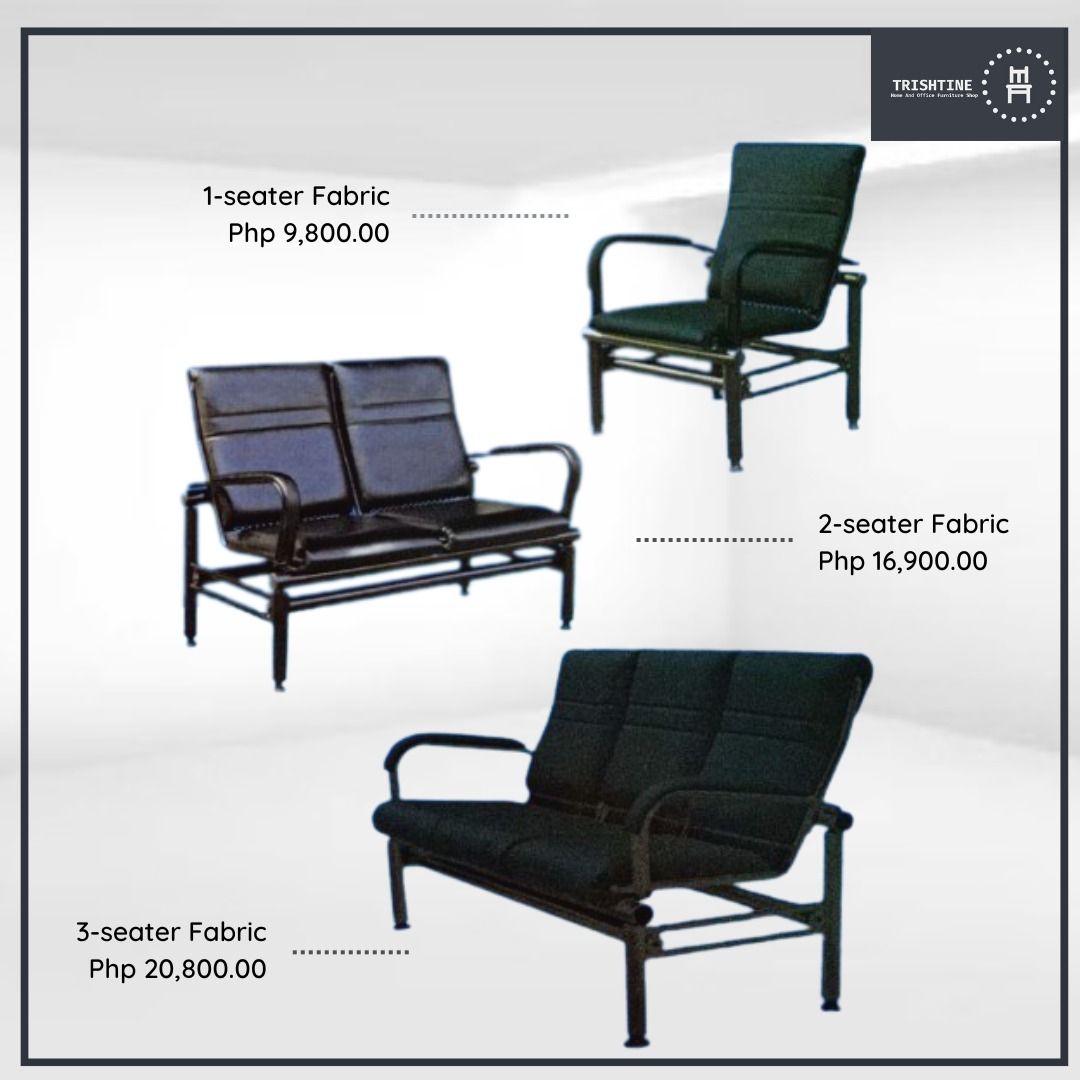 Fabric Sofa - 1, 2, and 3 Seater (Category: Sofas) located in Quezon City. Submitted by skyler-22 (Listing ID 1406546415, Image 1). Description: Available fabric sofas in 1, 2, and 3-seater configurations. The sofas have a black frame and fabric upholstery. The prices are as follows: 1-seater for Php 9,800.00, 2-seater for Php 16,900.00, and 3-seater for Php 20,800.00. Perfect for office or home use. For other inquiry, you may contact the followi