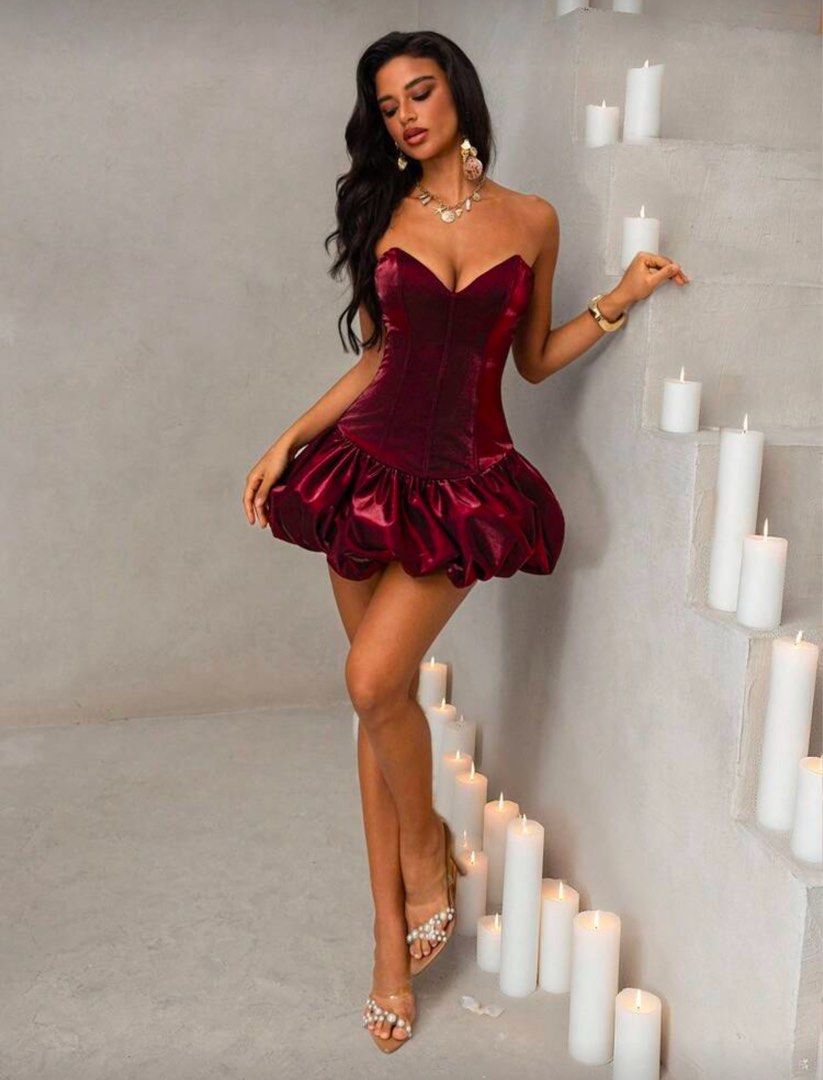 Fabulous dress for your Bday/ Formal/ Party event (Category: Dresses) located in Quezon City. Submitted by theaa_sheinpreloved (Listing ID 1406633966, Image 1). Description: Size extra small Color burgundy Perfect for special events Used once only P699 - Dark red strapless dress - Sweetheart neckline - Corset-style bodice - Ruffled bubble hem - Lace-up back detail - Ideal for special occasions.