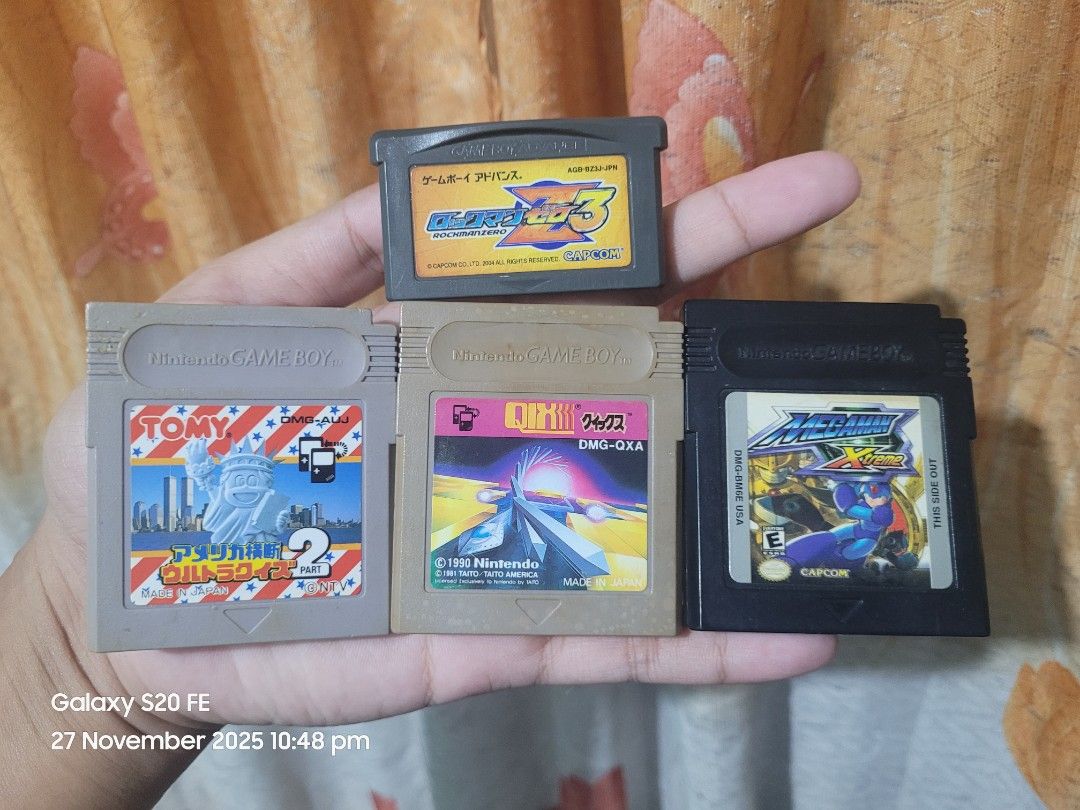 Game Boy & Game Boy Advance Cartridges (Category: Nintendo) located in Cotabato. Submitted by choonching (Listing ID 1406608911, Image 1). Description: All items are good and fully working. For the physical condition, please see the pictures. Game Boy Advance (GBA): - Rockman Zero 3 Game Boy (GB): - America Oudan Ultra Quiz Part 2 - Qix - Megaman Xtreme (bootleg copy) All carts work with no issues. PRICE: 500 Location: Cotabato City (can do shipp