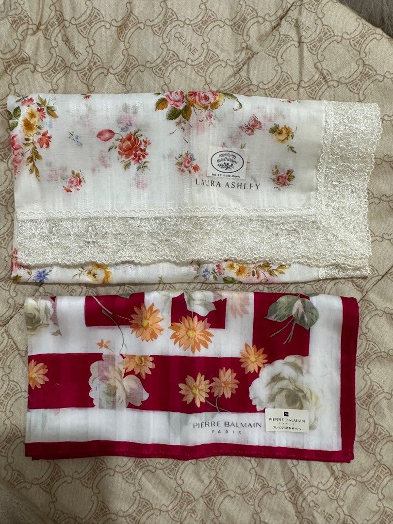 Laura Ashley & Pierre Balmain Handkerchief Set (Category: Scarves) located in Naga. Submitted by bag.net (Listing ID 1406607068, Image 2). Description: Guaranteed original 💯 Pierre balmain and Laura Ashley handkerchiefs From Japan Unused with sticker/brandnew bundle for only ₱ 540.