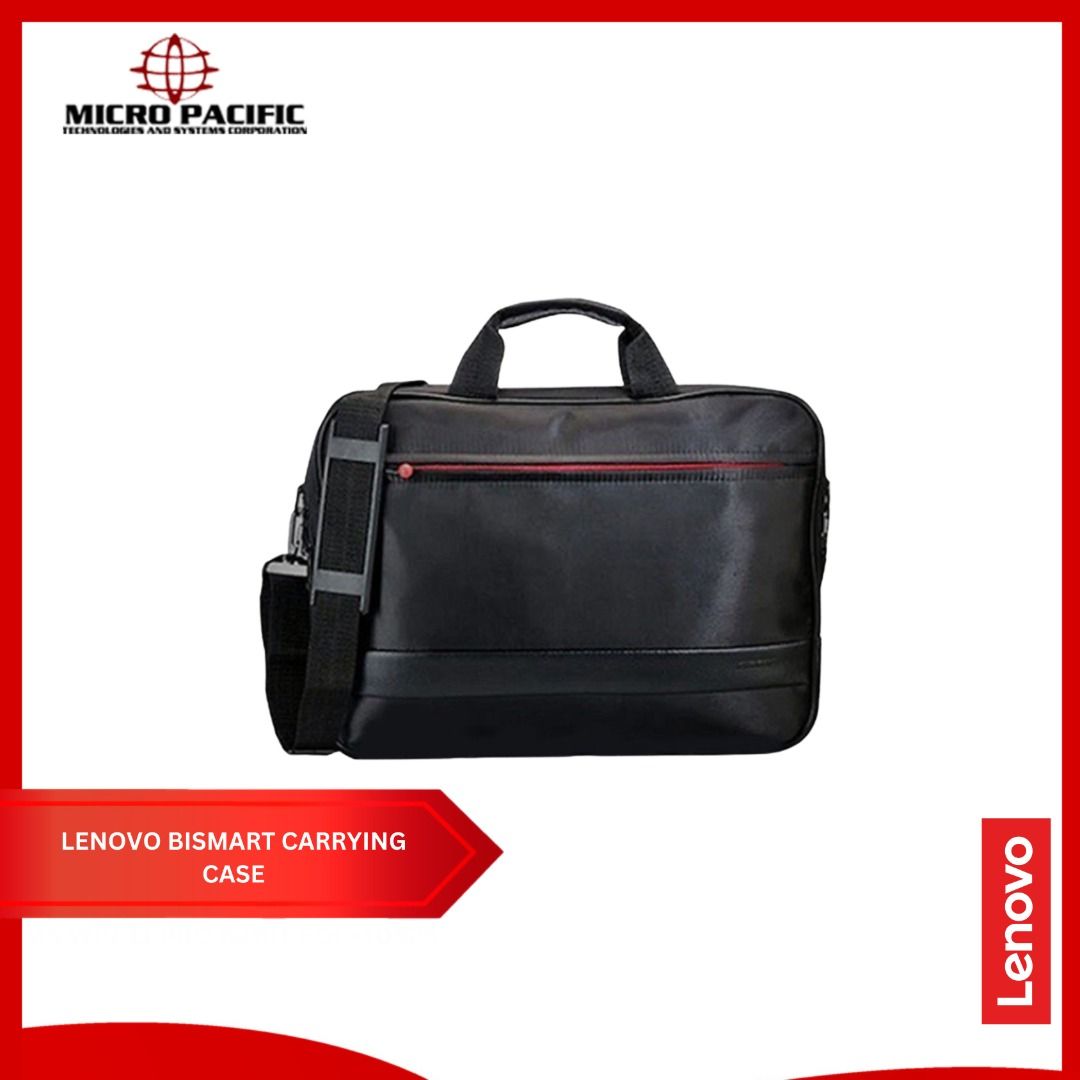 Lenovo Bismart Carrying Case (Category: Laptop Bags & Sleeves) located in Makati City. Submitted by micro_pacific (Listing ID 1406540785, Image 1). Description: - Black Lenovo Bismart carrying case - Top handle and detachable shoulder strap - Stylish red zipper detail - Convenient front pocket - Made of durable material - Features the Lenovo logo - Ideal for laptops and other essentials.