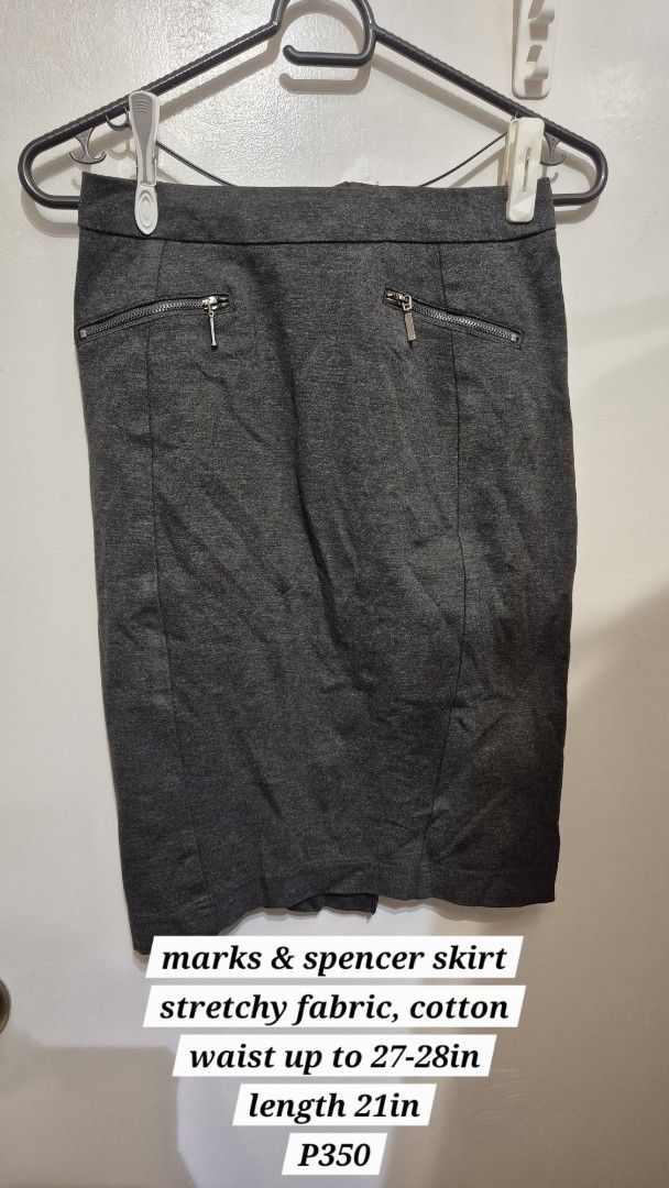 Marks & Spencer Grey Pencil cut Skirt (Category: Skirts) located in Manila. Submitted by gcuraming (Listing ID 1406497309, Image 1). Description: - Brand: Marks & Spencer - Fabric: Stretchy cotton - Waist Size: Up to 27-28 inches - Length: 21 inches - Features: Two zipper pockets shipping from sampaloc manila or makati.
