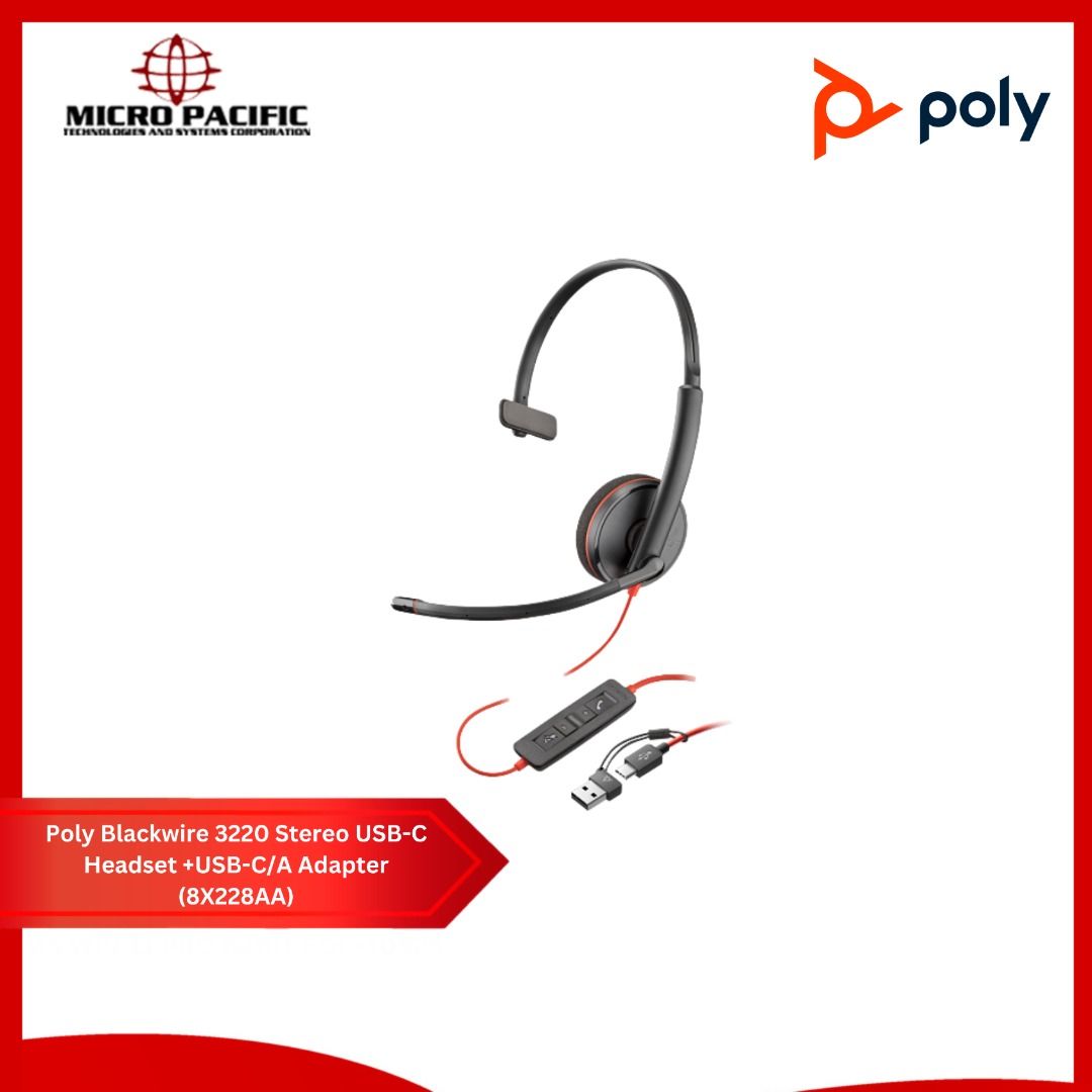 Poly Blackwire 3220 Stereo USB-C Headset (Category: Headphones & Headsets) located in Makati City. Submitted by micro_pacific (Listing ID 1406537979, Image 1). Description: Poly Blackwire 3220 Stereo USB-C Headset is designed for clear communication. It includes a USB-C to USB-A adapter. The headset features a microphone and in-line controls. It is suitable for calls and online meetings. The product is from Micro Pacific Technologies and Systems 