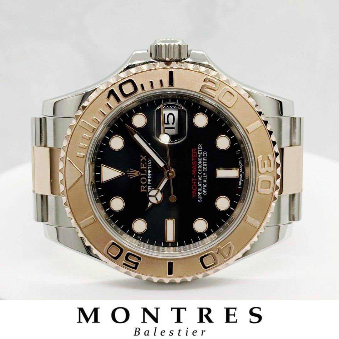 Pre-owned Rolex 18K Half Rose Gold 40MM Yacht Master 116621 Black Dial (AN)(2017) (Category: Watches) located in Singapore. Submitted by montresbalestier (Listing ID 1387965413, Image 1). Description: Please follow us for updates on our latest watches! Brand: Rolex Model: Yacht Master Reference: 116621 Size: 40MM Material: Steel & Rose Gold Dial: Black Condition: like new , watch and cert Warranty: Dated AN Series , September 2017 (comes with 1 y