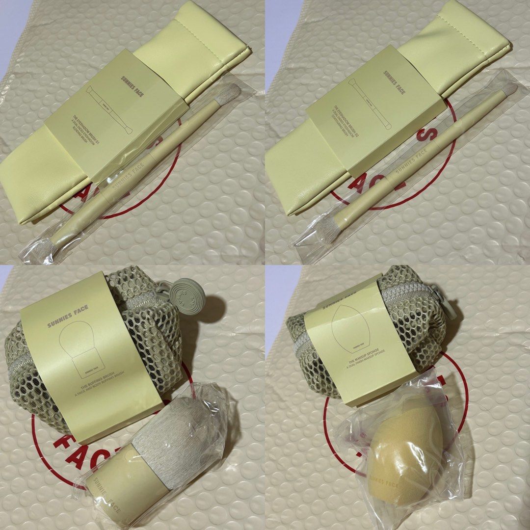Sunnies Face Buffing, Eyeshadow 01&02 Brush and Sponge (Category: Makeup) located in Plaridel. Submitted by rn.yg (Listing ID 1406585745, Image 1). Description: Sunnies Face Brushes 700 set The Eyeshadow Brush 01 - 145 - brand new. complete w pouch, perfect condition The Eyeshadow Brush 02 - 125 - slight manuf defect (slide 6). brand new, complete w pouch The Buffing Brush - 245 - brand new. complete w bag, perfect condition The Makeup Sponge - 2