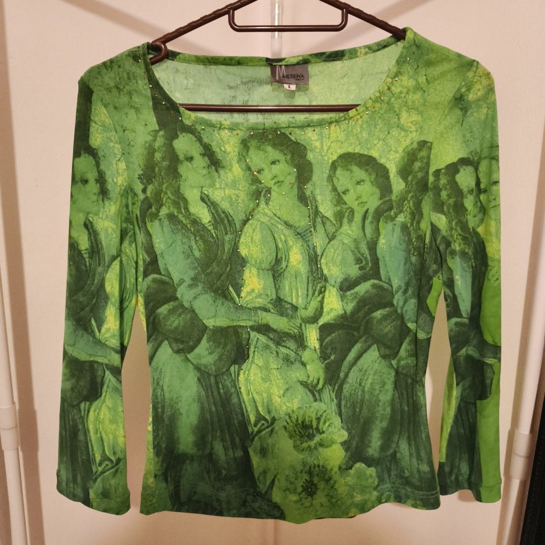 Vintage mesh top (Category: Longsleeves) located in Caloocan City. Submitted by huntpicked (Listing ID 1406480176, Image 1). Description: - Long-sleeved top with a unique green art print. - Features a round neckline. - Fitted silhouette. - Lightweight fabric, mesh. - fits medium to semi large frame..