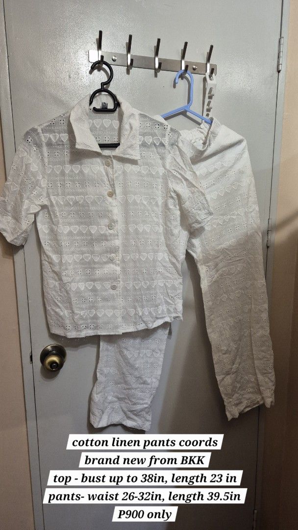 White eyelet cotton linen pants coords (Category: Sets or Coordinates) located in Manila. Submitted by gcuraming (Listing ID 1406495610, Image 1). Description: - White eyelet cotton linen pants coord set - Brand new from BKK - Top: - Fits up to 38" bust - 23" length - Pants: - Waist 26-32" - 39.5" length - Comfortable cotton linen material - Stylish and breezy design rfs: does not fit me shipping from sampaloc manila or makati.