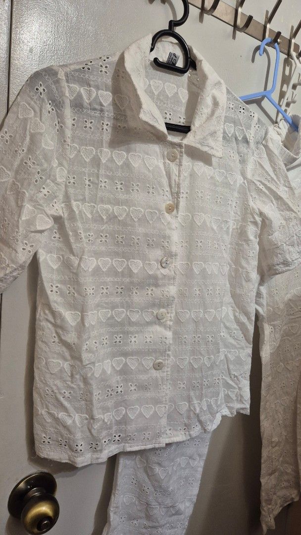 White eyelet cotton linen pants coords (Category: Sets or Coordinates) located in Manila. Submitted by gcuraming (Listing ID 1406495610, Image 2). Description: - White eyelet cotton linen pants coord set - Brand new from BKK - Top: - Fits up to 38" bust - 23" length - Pants: - Waist 26-32" - 39.5" length - Comfortable cotton linen material - Stylish and breezy design rfs: does not fit me shipping from sampaloc manila or makati.