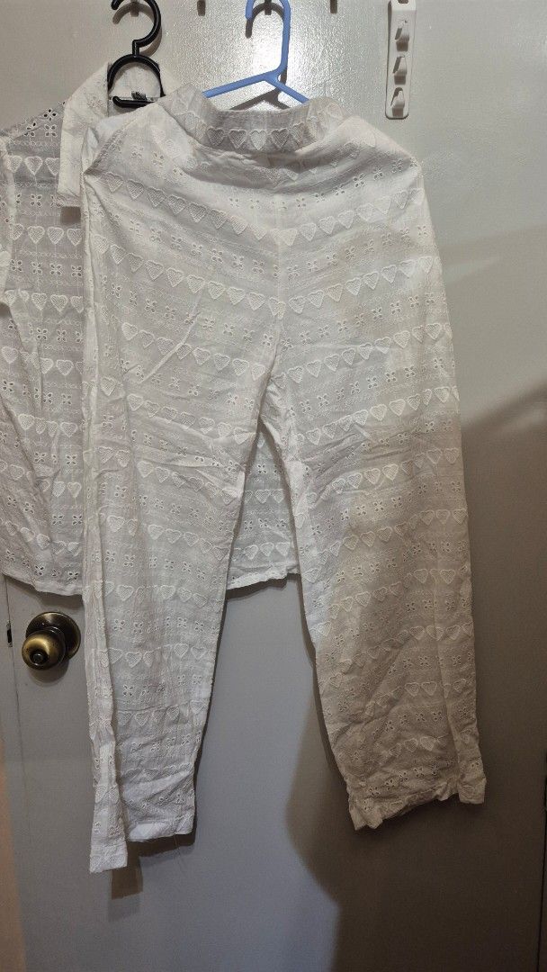 White eyelet cotton linen pants coords (Category: Sets or Coordinates) located in Manila. Submitted by gcuraming (Listing ID 1406495610, Image 3). Description: - White eyelet cotton linen pants coord set - Brand new from BKK - Top: - Fits up to 38" bust - 23" length - Pants: - Waist 26-32" - 39.5" length - Comfortable cotton linen material - Stylish and breezy design rfs: does not fit me shipping from sampaloc manila or makati.