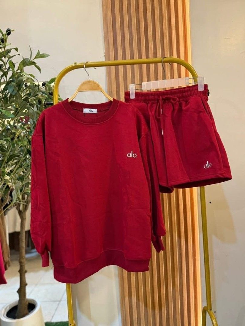 Alo Sweatshirt and Shorts Set (Category: Sets or Coordinates) located in Manila. Submitted by rocillocin64338 (Listing ID 1406716920, Image 2). Description: - Alo sweatshirt and shorts set - Available colors: Red, Pink, Black - Features Alo logo - Shorts with drawstring waist - Perfect for casual wear or workouts.