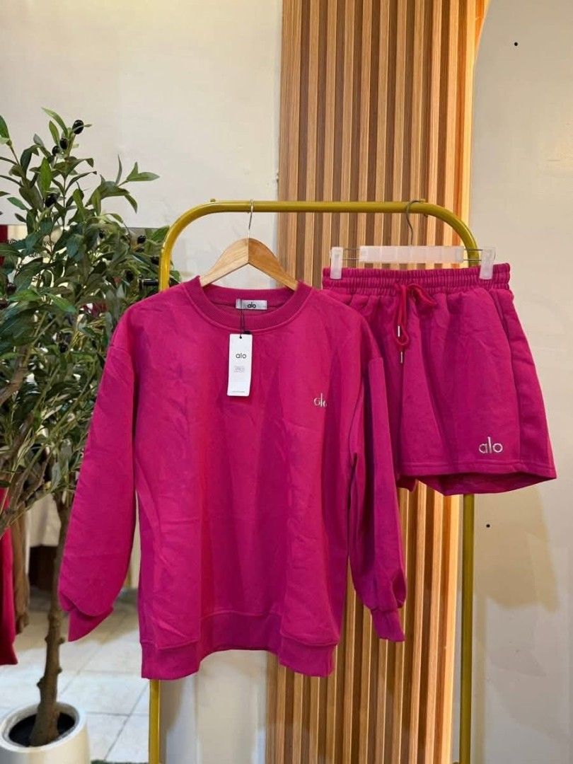 Alo Sweatshirt and Shorts Set (Category: Sets or Coordinates) located in Manila. Submitted by rocillocin64338 (Listing ID 1406716920, Image 3). Description: - Alo sweatshirt and shorts set - Available colors: Red, Pink, Black - Features Alo logo - Shorts with drawstring waist - Perfect for casual wear or workouts.