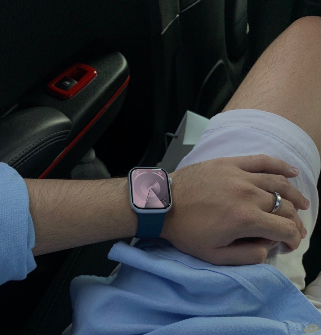 Apple Watch Series 9 (Category: Wearables & Smart Watches) located in San Fernando. Submitted by lloydie. (Listing ID 1406812524, Image 2). Description: - Apple Watch Series 9 - platinum silver - Comes with original blue band - 100% battery health -no box -ereceipt.