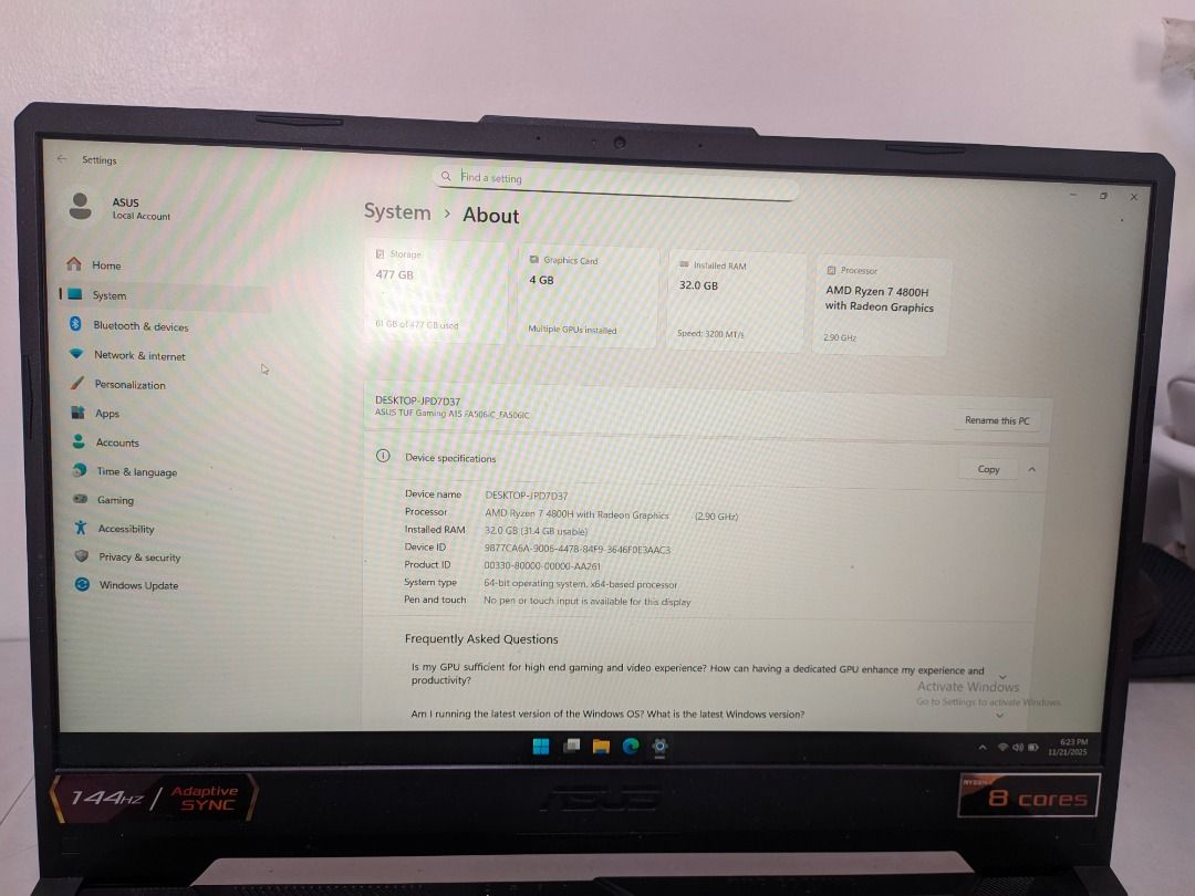 ASUS TUF Gaming Laptop (Category: Laptops & Notebooks) located in Caloocan City. Submitted by bitzdre (Listing ID 1406767805, Image 1). Description: - ASUS TUF Gaming Laptop - AMD Ryzen 7 4800H Processor (8 Cores) - NVIDIA GeForce RTX 3050 Ti Graphics 4GB - 144Hz Display - Includes Original Charger - Standard Keyboard with Number Pad - Multiple Ports (USB, HDMI, etc.) ISSUE: CAMERA Inclusion: Charger 27k 27k fix The rest is working naman Unli tes