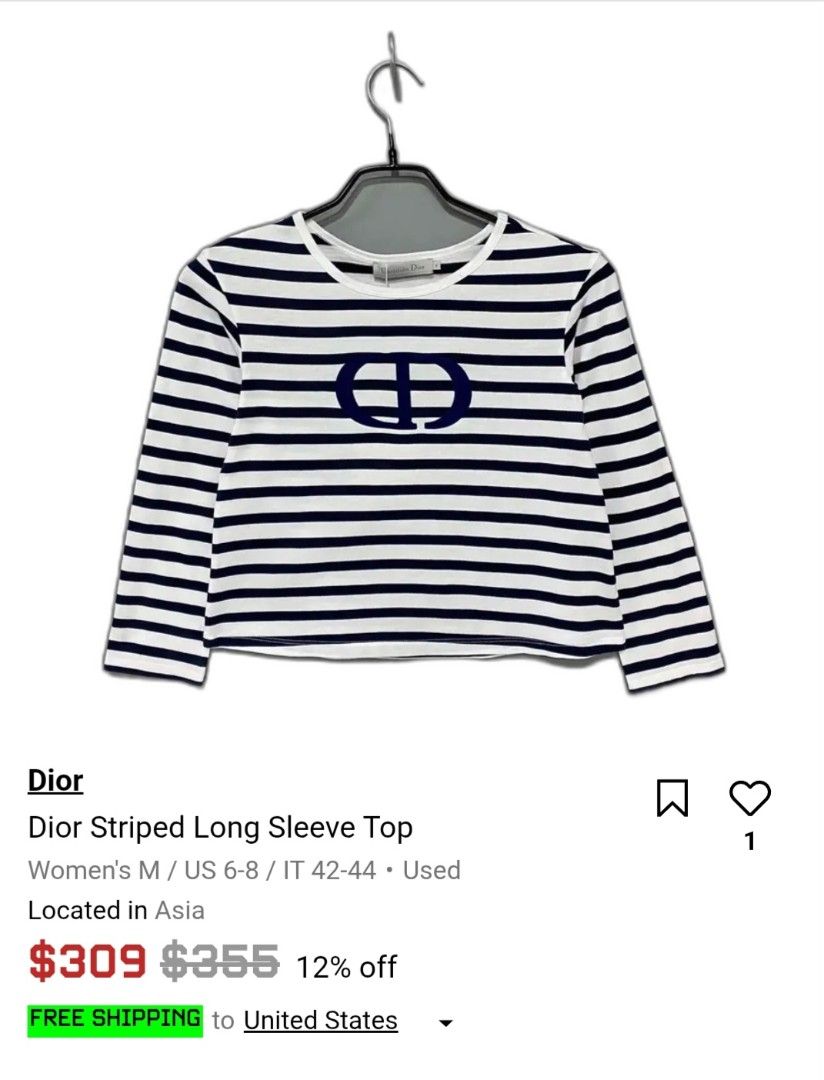 AUTHENTIC CHRISTIAN DIOR STRIPE LONG SLEEVE TOP (Category: Luxury Apparel) located in Arayat. Submitted by angels_closet247 (Listing ID 1406747136, Image 1). Description: Actual size using inches Aempit to Armpit 17 Lenght /21 fittings is Small Excellent Condition, Issue:0 😉Message if you have any other question about sizing. We do shipping nation wide I’m also open for video call so that you can see the item you ‘re interested to buy. Courier, 
