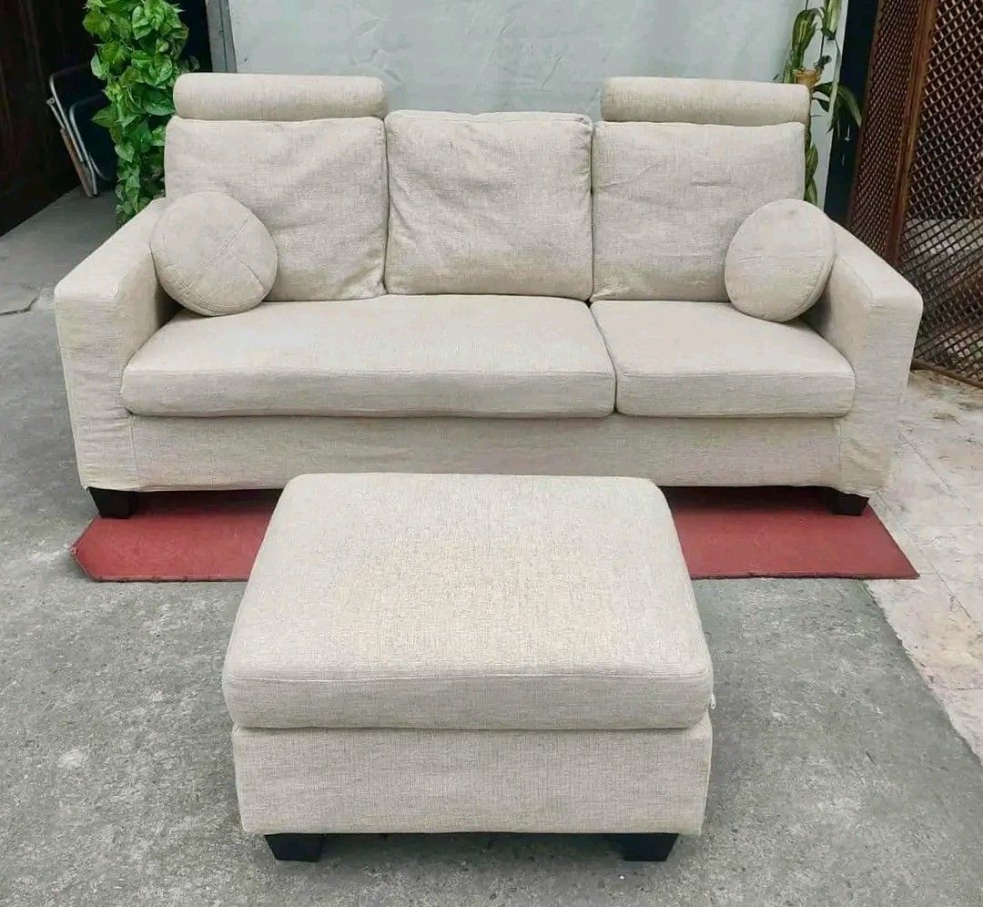 Beige L-Shaped Sofa with Ottoman (Category: Sofas) located in Manila. Submitted by eloizavill76462 (Listing ID 1406673914, Image 1). Description: Modular L-Shape Sofa 77”L x 58”W x 16”SH Fully washable Removable headrest In good condition.
