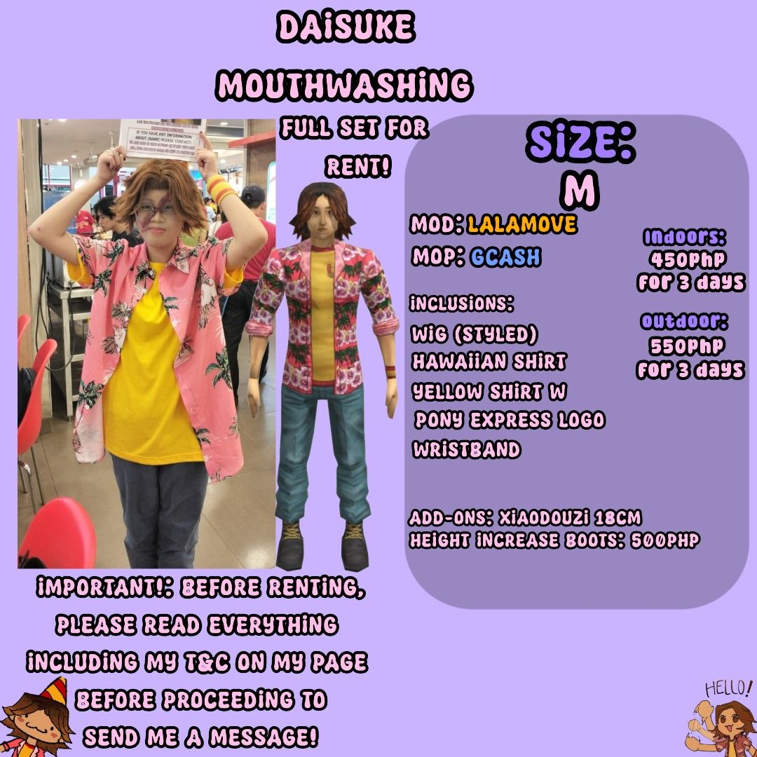 Daisuke Cosplay from Mouthwashing for RENT! (Category: Sets & Coordinates) located in Manila. Submitted by sh1nmich1 (Listing ID 1406288959, Image 1). Description: For inquiries please check my rental and services page on FACEBOOK: Shin's Rental Services (Read the T&C on my page beforehand!) STRICTLY NO CANCELLATIONS! Reserving a slot means that you agree to the terms and conditions. I have the rights to make changes or updates on the stuffs I'm 