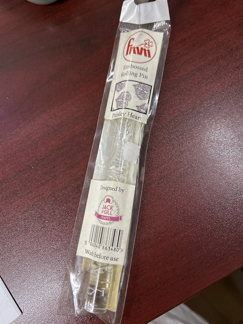 FMM Embossed Rolling Pin - Paisley Heart (Category: Other Kitchenware & Tableware) located in Quezon City. Submitted by kendmend (Listing ID 1406693956, Image 1). Description: - FMM Paisley Heart Embossed Rolling Pin - Designed by Jack Gill Crafts - Clear rolling pin - Brand new, in original packaging - Ready for baking and crafting - Instructions: Wash before use.
