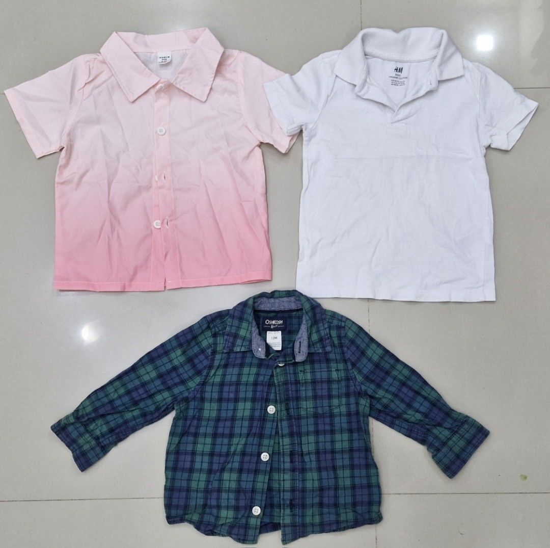 Take all H&M, OshKosh, Shein Shirts - Bundle (Category: Babies & Kids Fashion) located in Malolos. Submitted by prelovedclothes_stuff (Listing ID 1406769612, Image 1). Description: - Bundle of three kids' shirts. - Includes: - Pink ombre button-down shirt (Shein) - White polo shirt (H&M) - Green and blue plaid button-down shirt (OshKosh, size 12M) Pwedeng pwede pang alis😊.