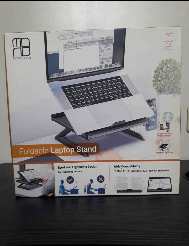 Mono Design Foldable Laptop Stand (Category: Laptops & Notebooks) located in Bocaue. Submitted by iamsherlie (Listing ID 1406663834, Image 1). Description: Nangangalay at masakit ang likod, wag na pong magtiis at baka buto mo naman ang lumihis 😱 Makakatulong 'to sa'yo promise 💯 Price is nego 🤝 Product details • Max Load: 10kg • Length x Width: 27.5cm x 27.6cm • Height Adjustable Range: 3" - 8" ( 8 adjustable levels) • Highest height is up to 1