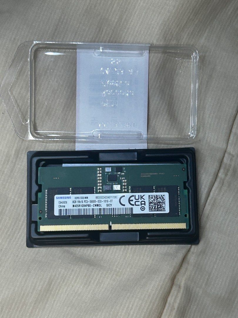 Samsung DDR 5 RAM 8GB (Category: Desktops) located in Marikina City. Submitted by minionlover34 (Listing ID 1406679268, Image 1). Description: * opened seal The RAM module in the image is a Samsung 8GB DDR5 SODIMM with the following key specifications: Brand: Samsung Capacity: 8GB Type: DDR5 SODIMM (for laptops) Configuration: 1Rx16 (Single Rank x16) Speed: PC5-5600B, which corresponds to a frequency of 5600MHz Voltage: Operates at 1.1V (standard