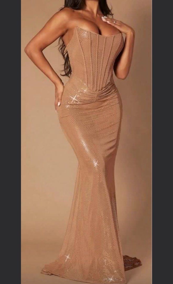 Shein sexy khaki Sequin dress (Category: Evening dresses & gowns) located in Quezon City. Submitted by jennyyy00 (Listing ID 1406743327, Image 3). Description: Shein khaki Sequin maxi dress So classy to wearrrr 🥹 Corset style, never been used RFS: changed outfit for our event.