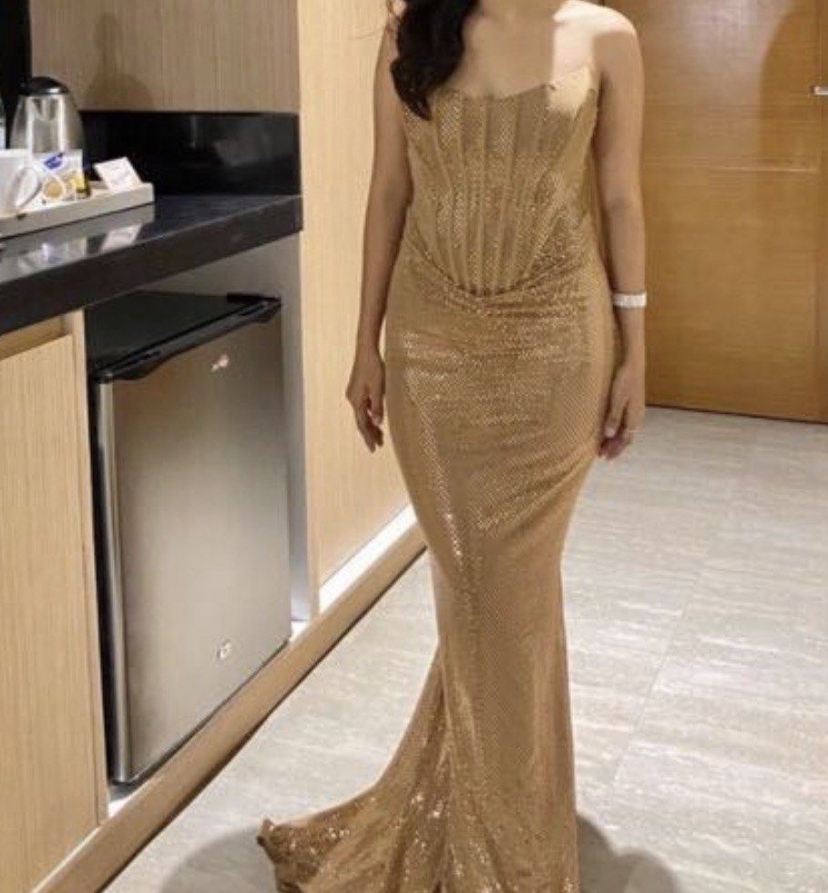 Shein sexy khaki Sequin dress (Category: Evening dresses & gowns) located in Quezon City. Submitted by jennyyy00 (Listing ID 1406743327, Image 2). Description: Shein khaki Sequin maxi dress So classy to wearrrr 🥹 Corset style, never been used RFS: changed outfit for our event.
