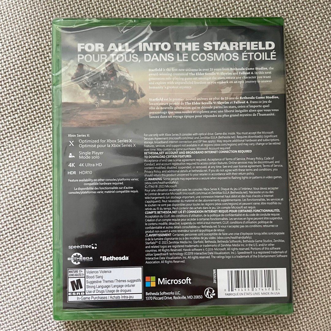 Starfield Xbox Series X Game (Category: Xbox) located in Mandaluyong City. Submitted by akihabara48 (Listing ID 1406695505, Image 2). Description: Excellent Condition Sealed copy of Starfield for Xbox Series X. Features include single-player, 4K Ultra HD, and HDR10. Developed by Bethesda. Rated M for Mature 17+ due to violence, blood, suggestive themes, and drug use. In-game purchases are available..