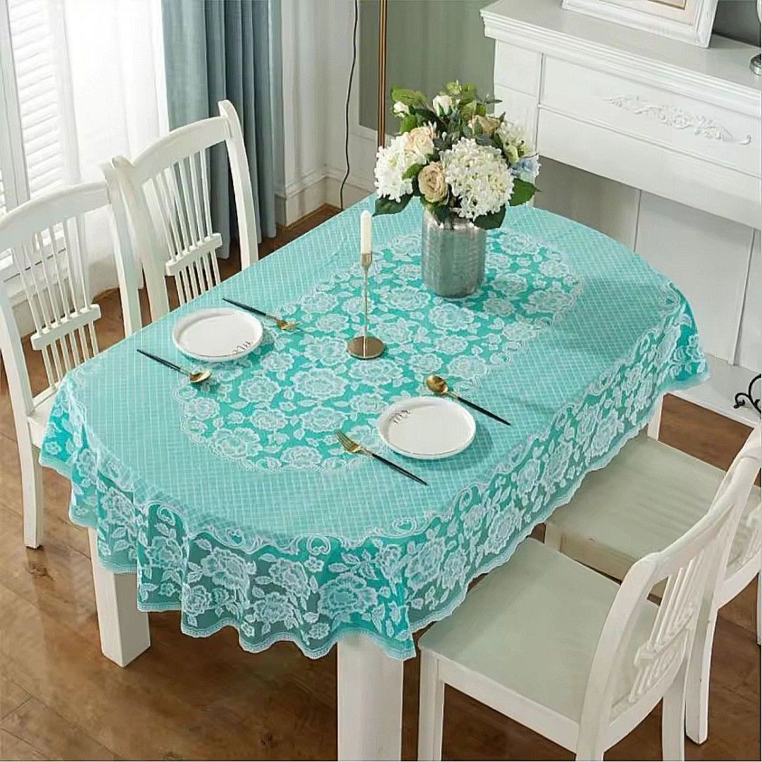 Thick Floral Lace Table cloth - sold each (Category: Table Linen & Textiles) located in Quezon City. Submitted by an.marie (Listing ID 1406726155, Image 3). Description: Teal floral lace tablecloth for ellipse-shaped tables. Size: 137x200cm. Adds elegance to your dining. 📍 Loc: Sauyo, QC Can do same day delivery or any of your prefer courier AVAILABLE AS LONG AS POSTED 🫰.