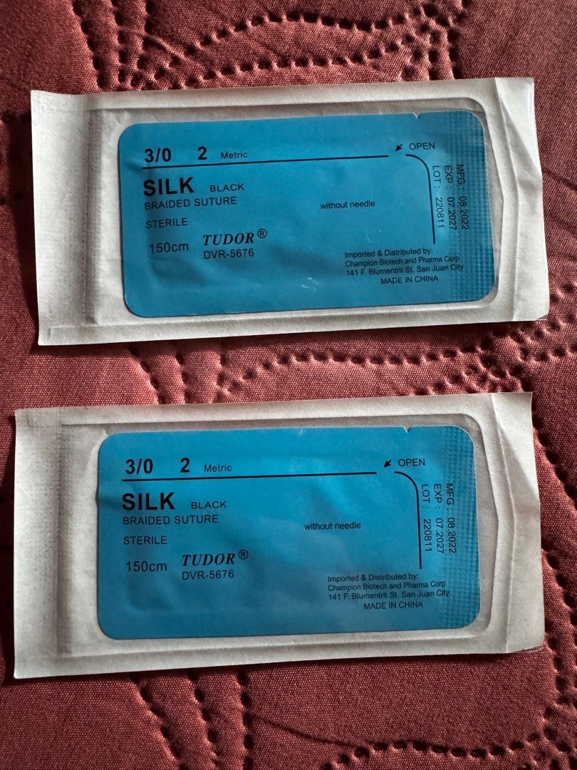 Tudor Silk Braided Suture 3/0 Black (Category: Medical Supplies & Tools) located in San Mateo. Submitted by clairaaa (Listing ID 1406654367, Image 1). Description: - Sealed - without needle - 2 available (65 pesos each) - RFS: decluttering - Location: San Mateo, Rizal .