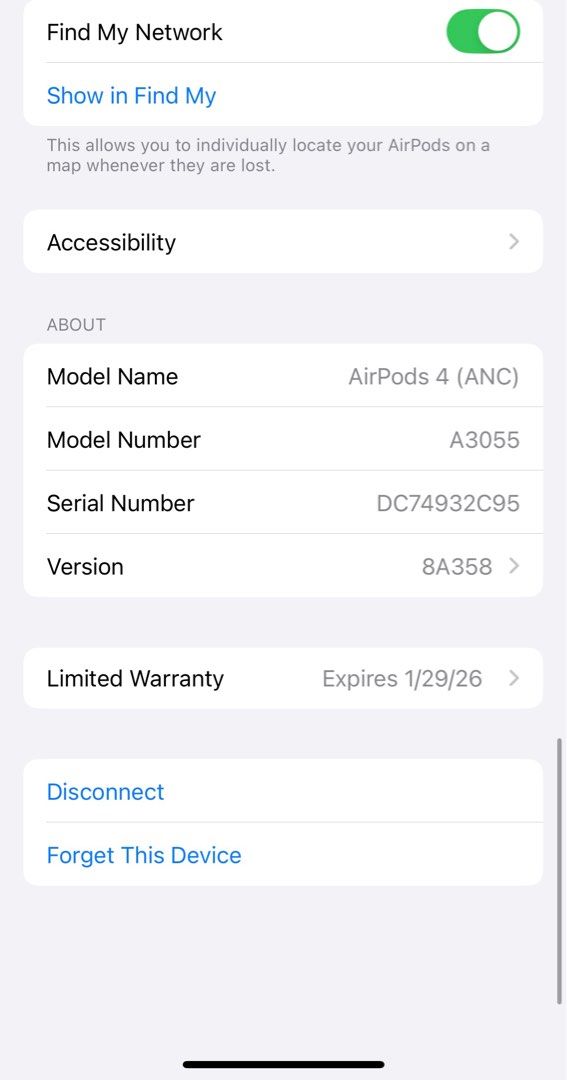 Apple AirPods 4 with Active Noise Cancellation (Category: Earphones) located in Makati City. Submitted by rmgcloset (Listing ID 1406864232, Image 3). Description: - Apple AirPods 4 with Active Noise Cancellation - Includes original box, charging case, and documentation - Model: A3055 - Warranty expires: January 29, 2026 (still valid) - Serial number: DC74932C95 - Version: 8A358 Bought leas than 6 months ago RFS: Found my old one that has my engra