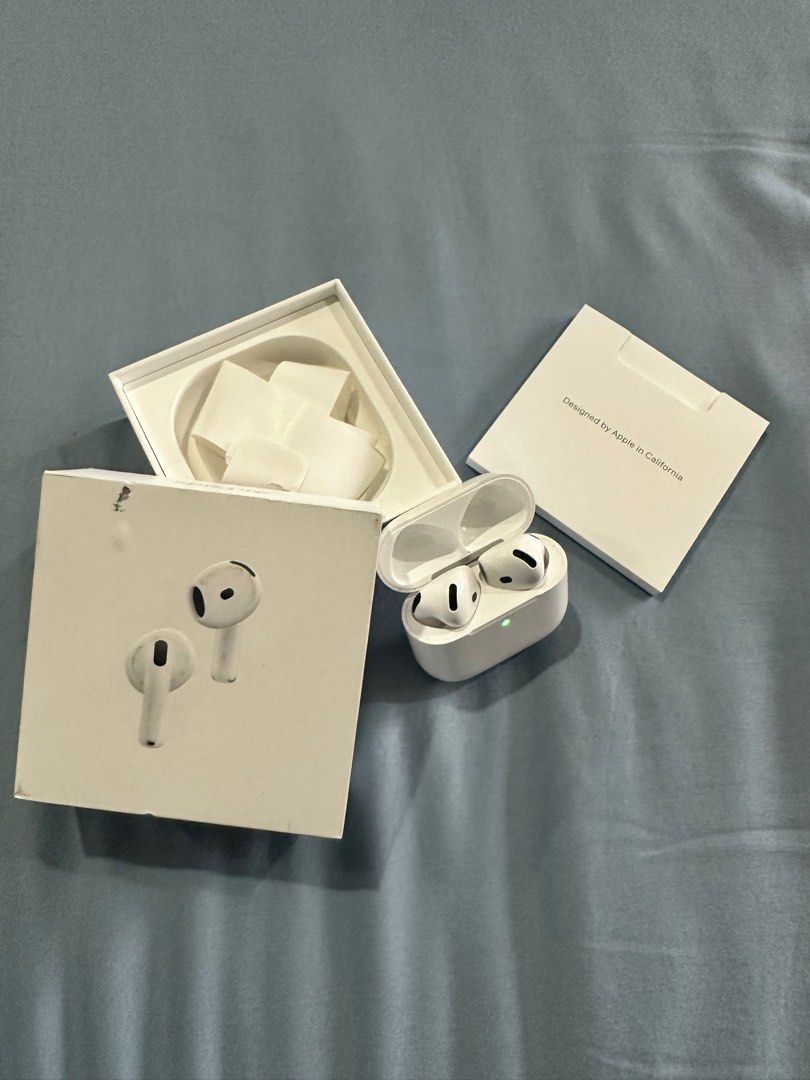 Apple AirPods 4 with Active Noise Cancellation (Category: Earphones) located in Makati City. Submitted by rmgcloset (Listing ID 1406864232, Image 1). Description: - Apple AirPods 4 with Active Noise Cancellation - Includes original box, charging case, and documentation - Model: A3055 - Warranty expires: January 29, 2026 (still valid) - Serial number: DC74932C95 - Version: 8A358 Bought leas than 6 months ago RFS: Found my old one that has my engra