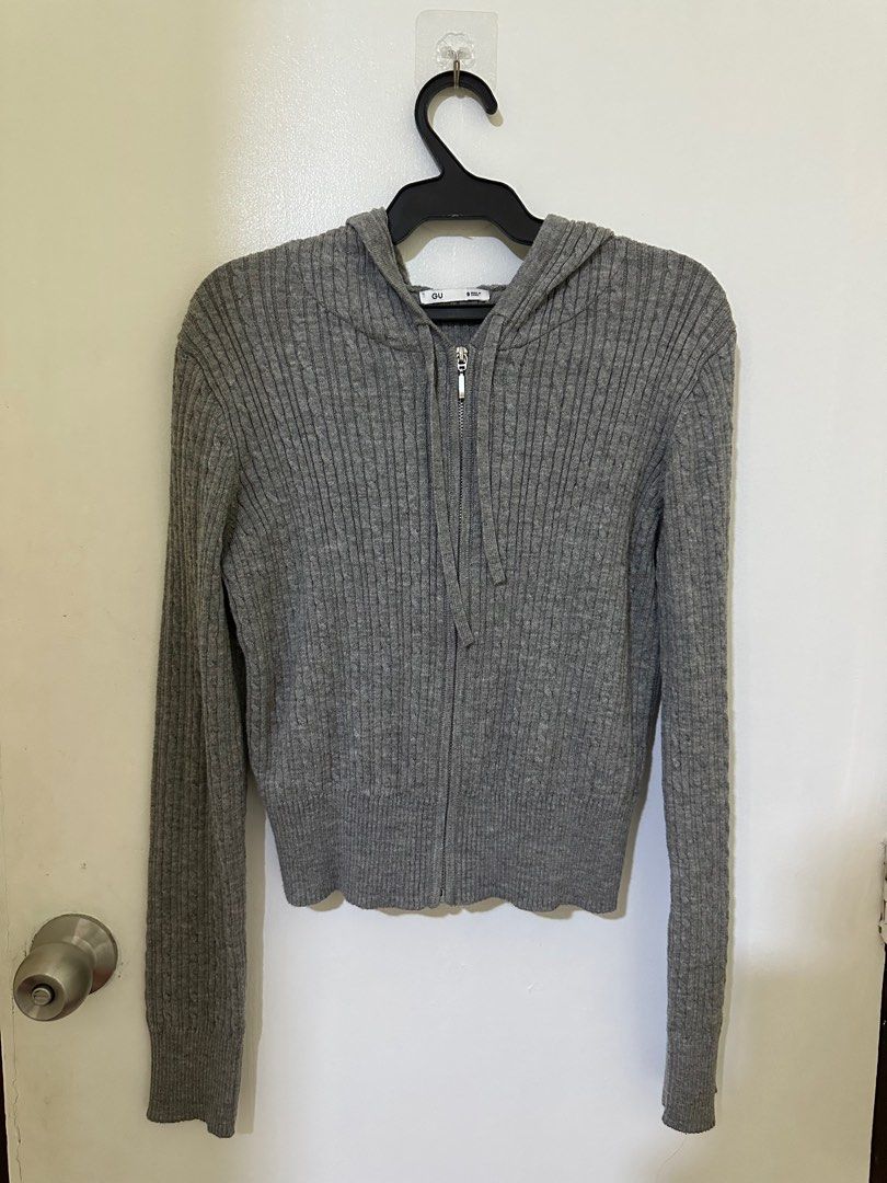 GU Ribbed Knit Hoodie - Gray - S (Category: Coats, Jackets and Outerwear) located in Marikina City. Submitted by declutter.ed (Listing ID 1406978375, Image 2). Description: - GU gray ribbed knit hoodie - Size: S - Features: Zip-up front, hood, cropped fit - Material: Knit fabric - Condition: Good.