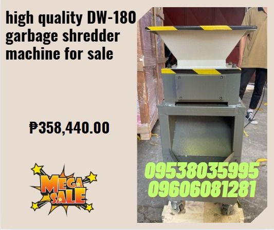 high quality DW-180 garbage shredder machine for sale (Category: Home Improvement Tools & Accessories) located in Caloocan City. Submitted by francytorr34493 (Listing ID 1406901892, Image 1). Description: Motor 220V, 50Hz, 1-phase Power 1.5KW-4,Single motor Reducer K47 Input speed 25 rpm Input torque 400Nm Input shaft Dia. Φ35 Blade size Φ90*8 Blade material 9CrSi Blade Qty. 21 PCS Inlet size 500*500*300 mm Outlet width 280 mm Outlet height 200 m