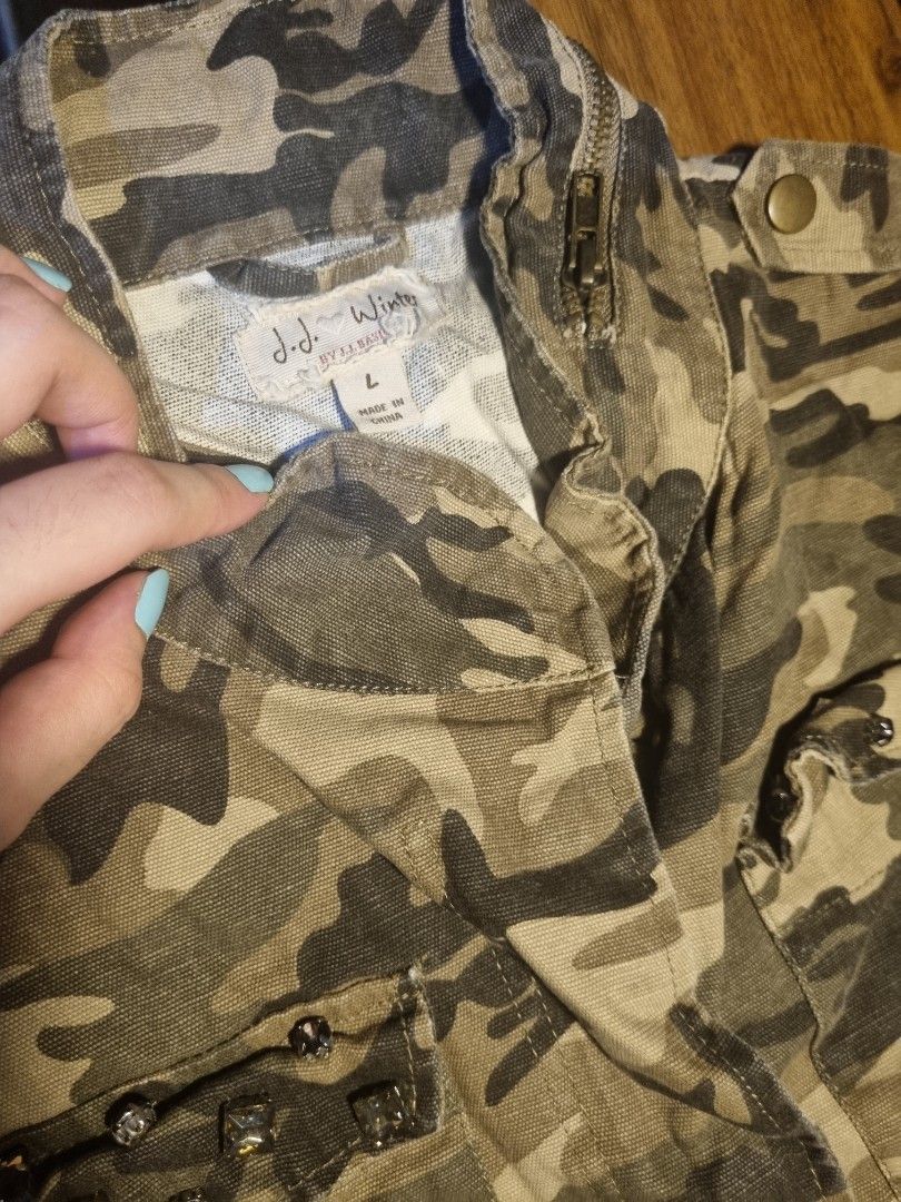 J.J. Winters Camouflage Jacket - Large (Category: Coats, Jackets and Outerwear) located in Quezon City. Submitted by mystery_meow (Listing ID 1406905730, Image 2). Description: - J.J. Winters Camouflage Jacket - Size: Large - Features: - Button-up front - Multiple pockets - Zipper detail - Classic camouflage pattern (green, brown, gray) - Made of durable fabric.