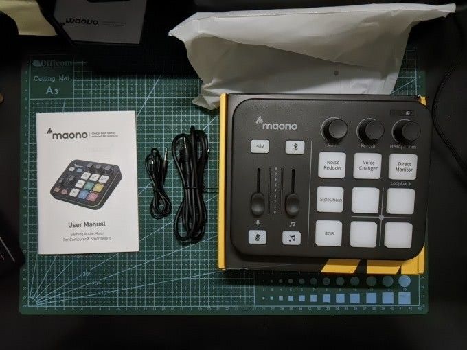 MaonoCaster G1 NEC Gaming Audio Mixer (Category: Other Audio Equipment) located in Bulacan. Submitted by saintcheece (Listing ID 1406964869, Image 2). Description: - literally just got it today - (almost) all is tested and recorded when unboxing earlier today INCLUSIONS: - original manual - original box - original 3.5mm wire - original usb a/c to usb c - even the twist ties and plastic film ISSUES: - dent on the back of the box (see last photo) R