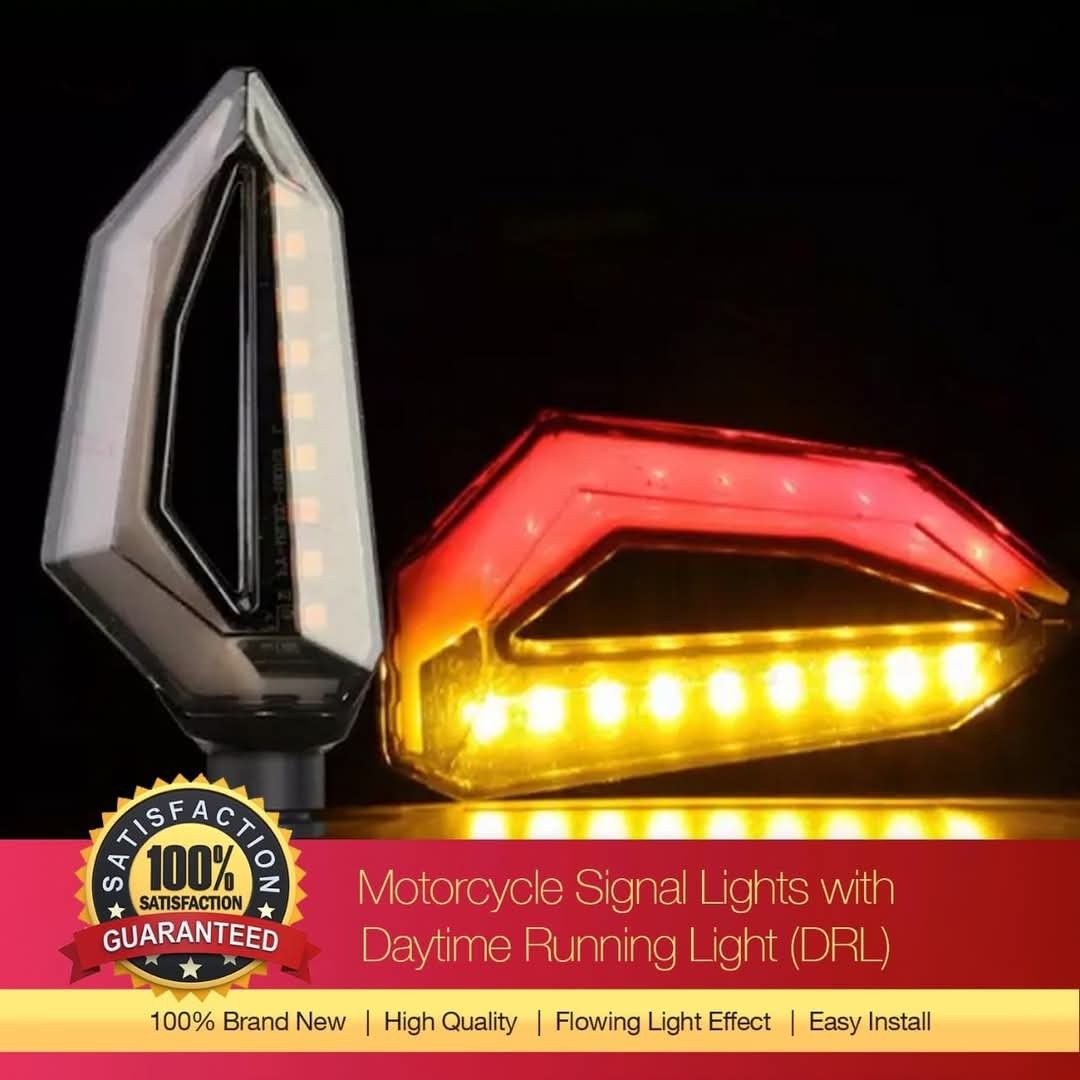 Motorcycle Signal Lights with Daytime Running Light (Category: Electronics & Lights) located in Quezon City. Submitted by petmail (Listing ID 1406956853, Image 3). Description: Final Clearance Sales @ ₱200/Pair Only! Enhance your motorcycle's visibility with these signal lights featuring a daytime running light (DRL) effect. They offer a flowing light effect and are easy to install. The lights come in various colors, including blue, red, and yell
