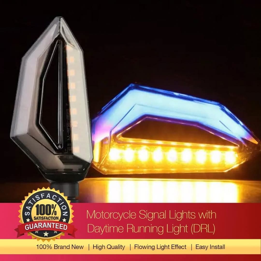 Motorcycle Signal Lights with Daytime Running Light (Category: Electronics & Lights) located in Quezon City. Submitted by petmail (Listing ID 1406956853, Image 2). Description: Final Clearance Sales @ ₱200/Pair Only! Enhance your motorcycle's visibility with these signal lights featuring a daytime running light (DRL) effect. They offer a flowing light effect and are easy to install. The lights come in various colors, including blue, red, and yell