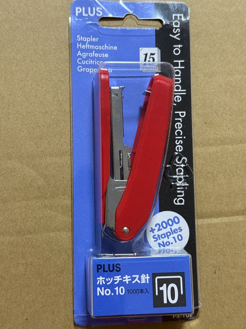 PLUS Stapler (Category: Other Stationery & Craft) located in Singapore. Submitted by toysnthreads (Listing ID 1406972499, Image 1). Description: brand new stapler in red comes with 2 boxes of stapler refill x1000 top up $2 for trackable postage.