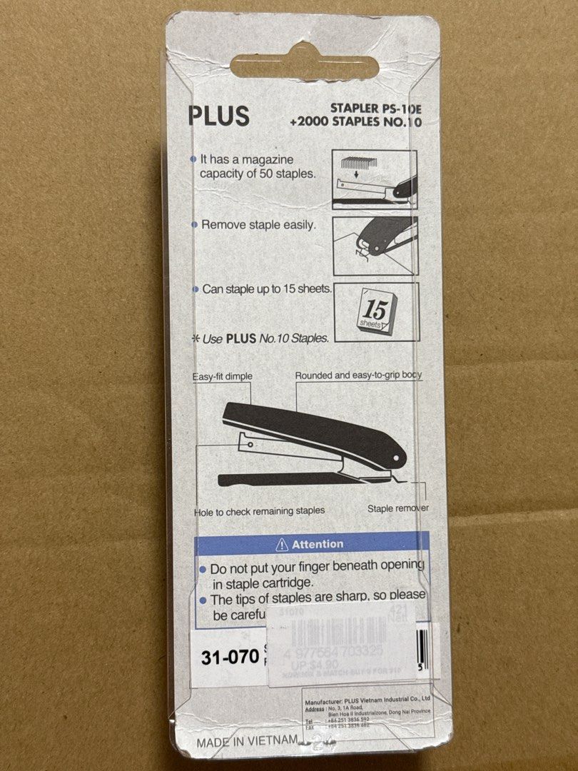 PLUS Stapler (Category: Other Stationery & Craft) located in Singapore. Submitted by toysnthreads (Listing ID 1406972499, Image 2). Description: brand new stapler in red comes with 2 boxes of stapler refill x1000 top up $2 for trackable postage.